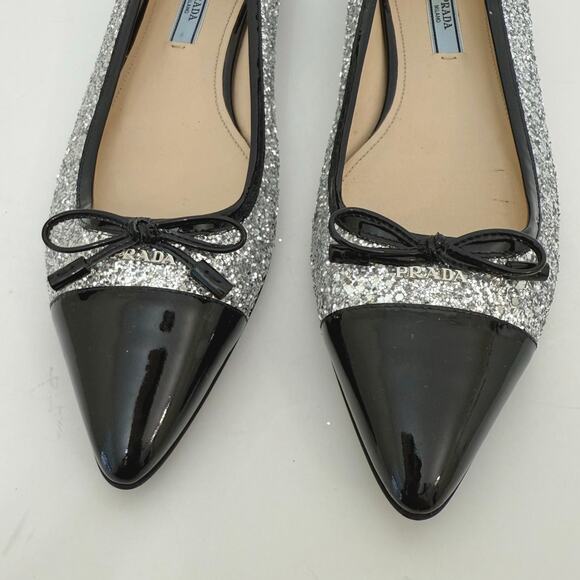 Prada Glitter Ballerina Flats Pointed Cap Toe Silver/Black Shoes 38.5 (US 8.5) - Picture 3 of 15